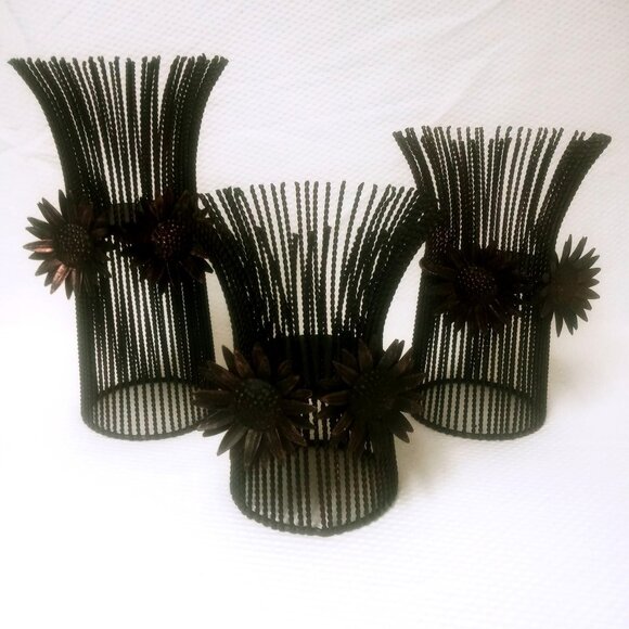 Pillar Candle Holder Wrought Iron Metal Floral Bronze Set of 3 Tier Size Holders - Picture 1 of 16